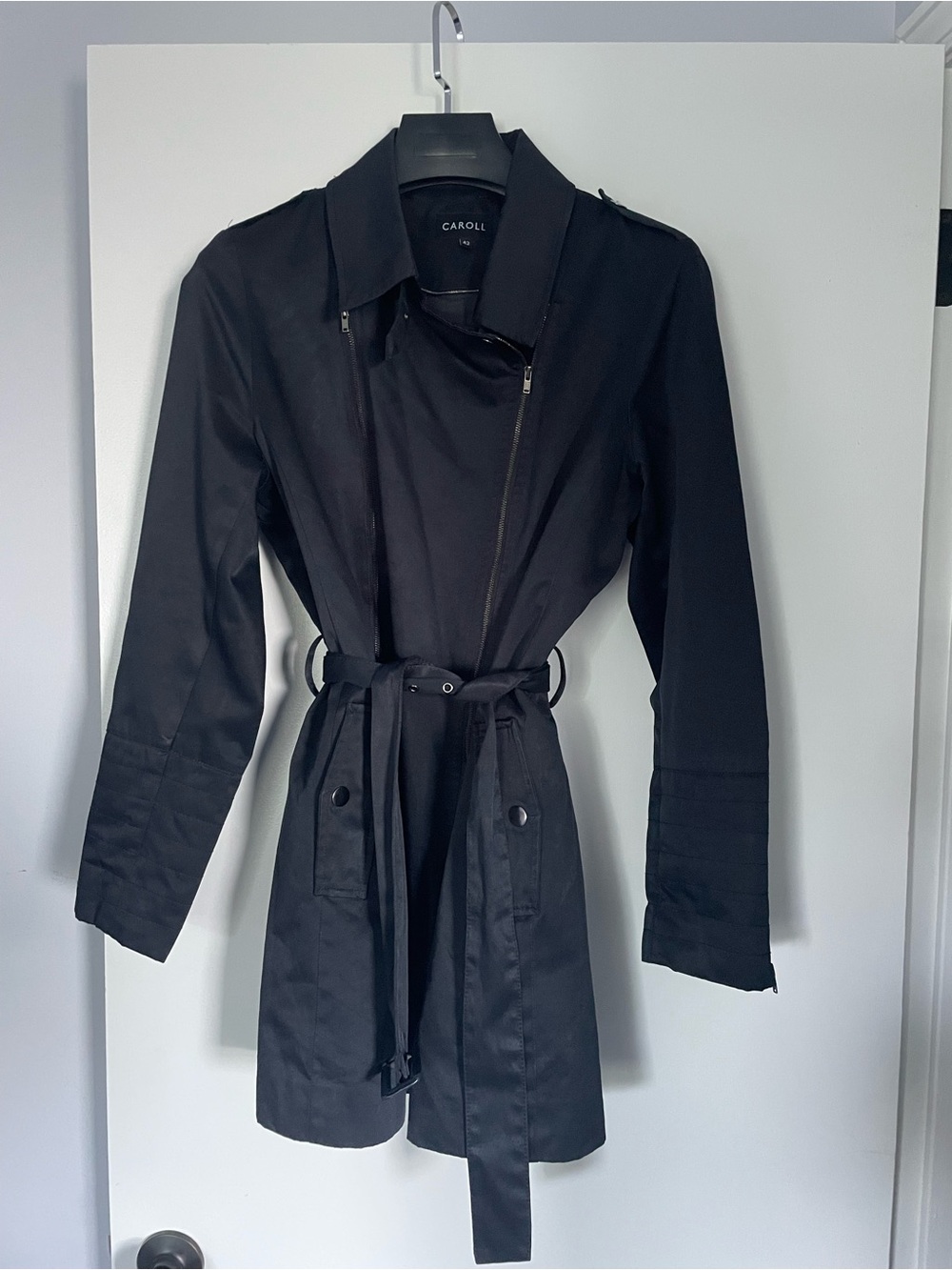 Caroll Blue-Black Belted Trench Coat